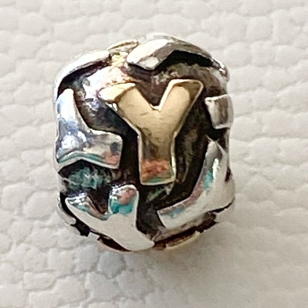Authentic Pandora Two Tone Silver & 14k Gold “Y” Initial Charm ~ Retired